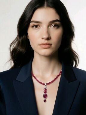 Elegant Ruby Beaded Necklace with Ruby Set In Sterling Silver Pendant